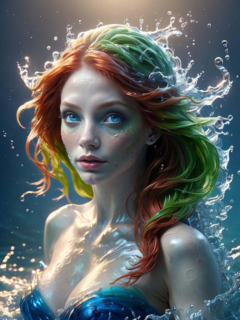 a surreal color portrait of a beautiful mermaid rising out of the sea,  red hair,  blue eyes on Tensor.Art