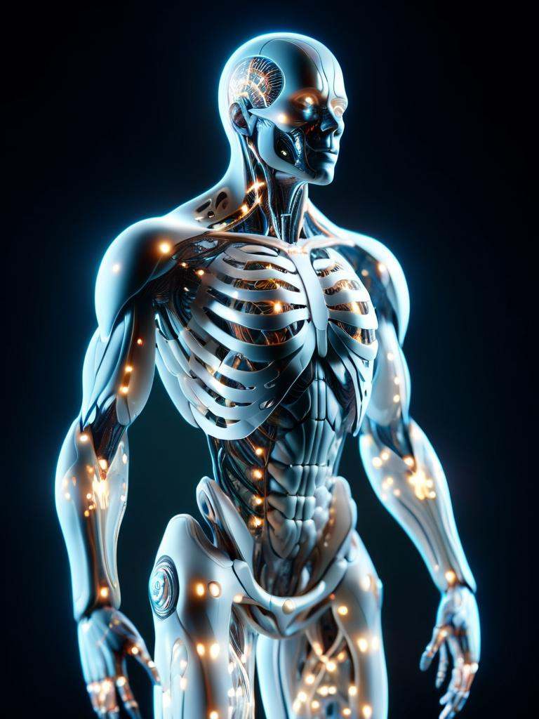 professional 3d model of a cyborg,  body made of white and silver parts,  led lights on Tensor.Art
