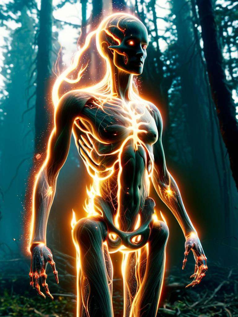 (corrupted tree fae asymmetrical robotic,  vibrant upside down forest,  (inside burning combat destruction bomb explosion...