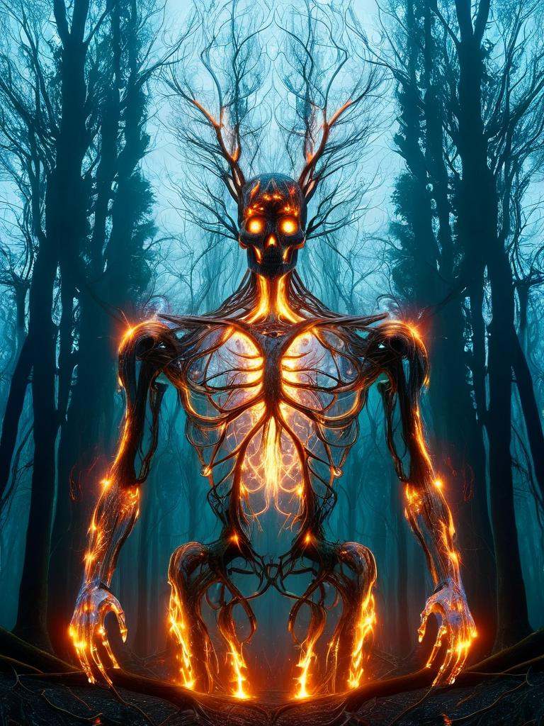 (corrupted tree fae asymmetrical robotic,  vibrant upside down forest,  (inside burning combat destruction bomb explosion...