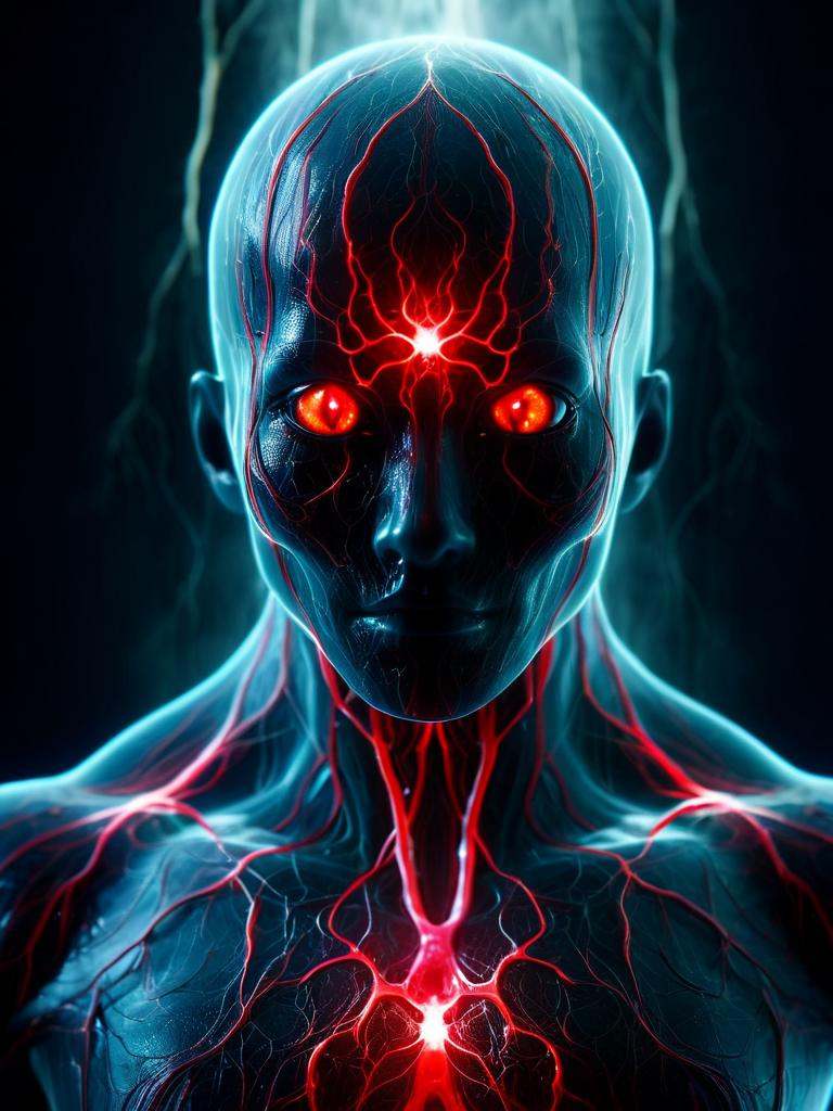 A creepy dark humanoid figure with big red eyes,  scary,  eerie on Tensor.Art