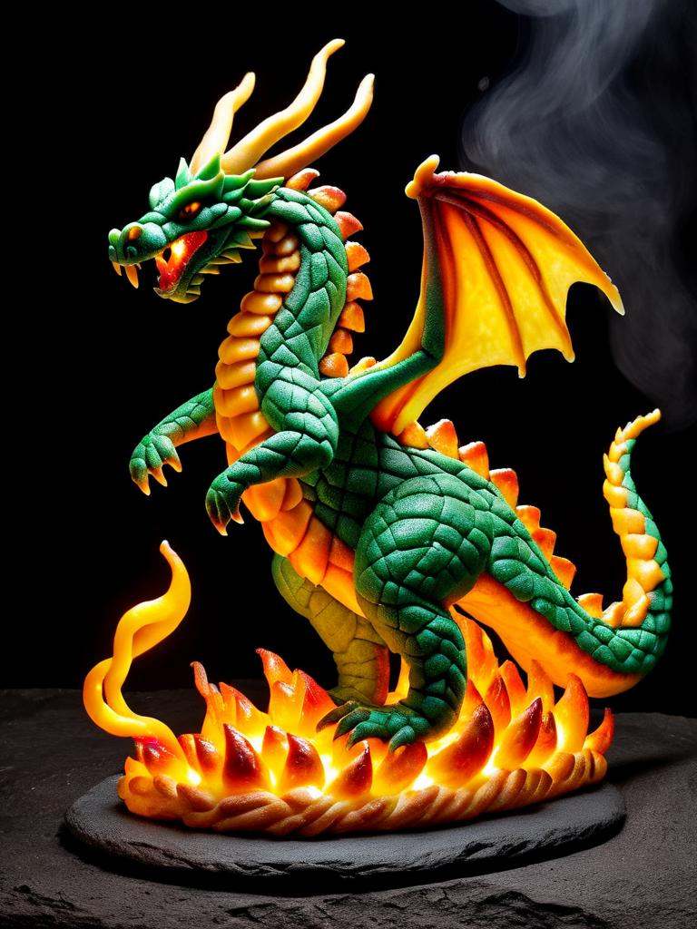 dragon made out of pastry,  standing on lava rock,  breathing fire on Tensor.Art