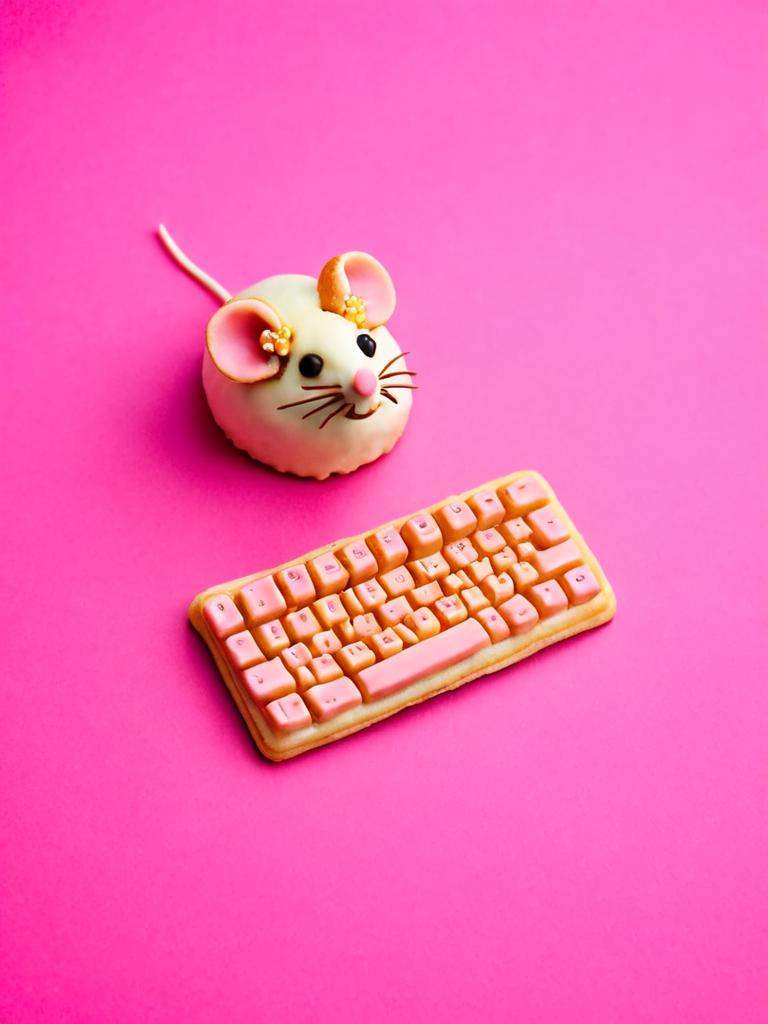 mouse and keyboard,  made out of pastry,  pink background on Tensor.Art