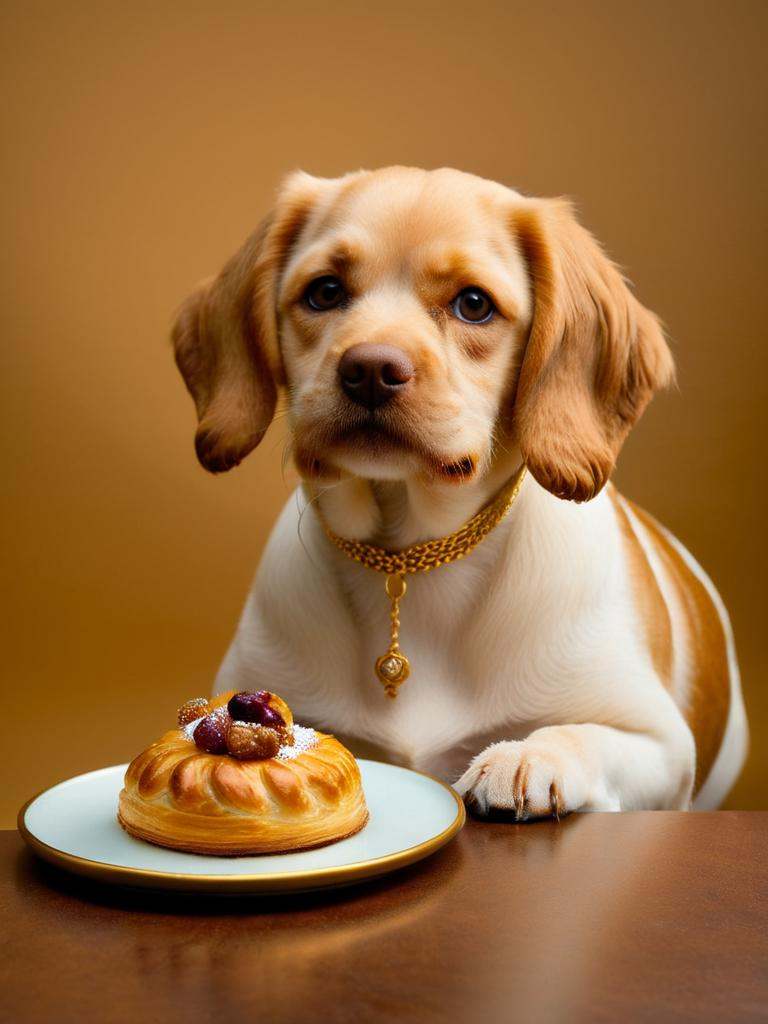 dog looking at,  amazing pastrey dish on a gold plate,  pastry on Tensor.Art