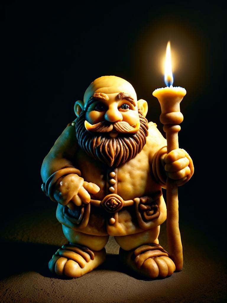 dwarf made out of pastry,  holding candle,  in dark dungeon on Tensor.Art