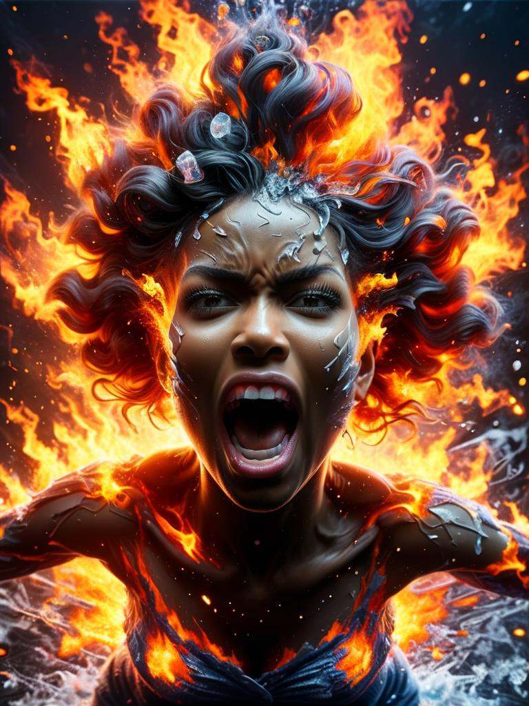 insane black woman screaming her head off,  falling on her feet,  explosive background on Tensor.Art