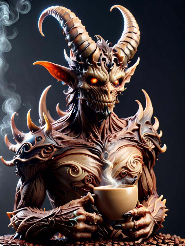 cofzee,  a horned deamon holding a cup of coffee,  made out of coffee on Tensor.Art