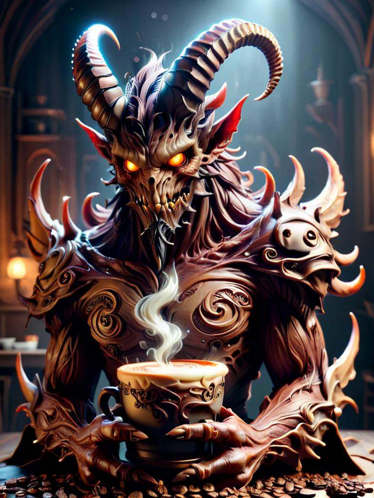 cofzee,  a horned deamon holding a cup of coffee,  made out of coffee on Tensor.Art