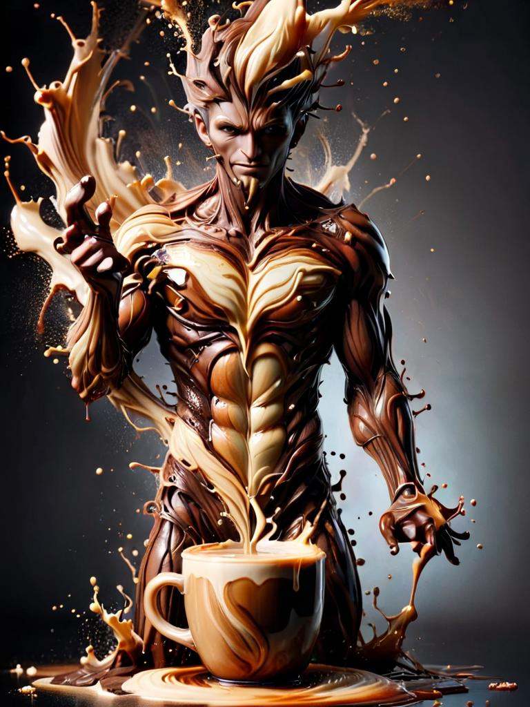 cofzee,  a man with a cup of coffee and a splash of liquid coffee,  made out of coffee on Tensor.Art