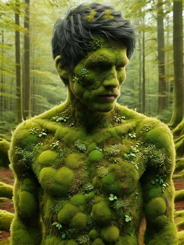 ovrgrwth,  a man covered in moss in a forest on Tensor.Art