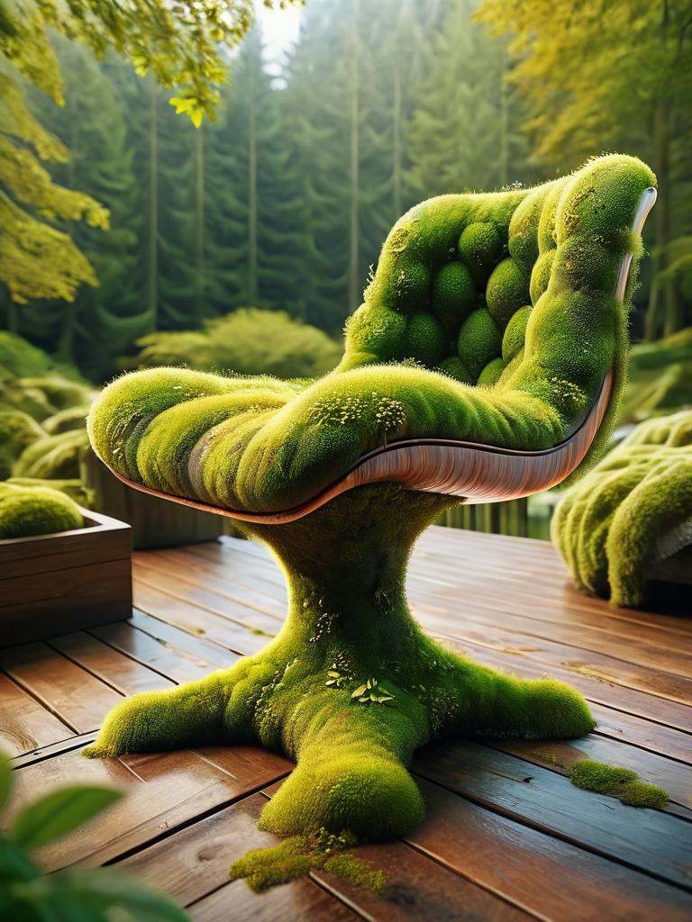 ovrgrwth,  a moss covered chair sitting on a wooden deck on Tensor.Art