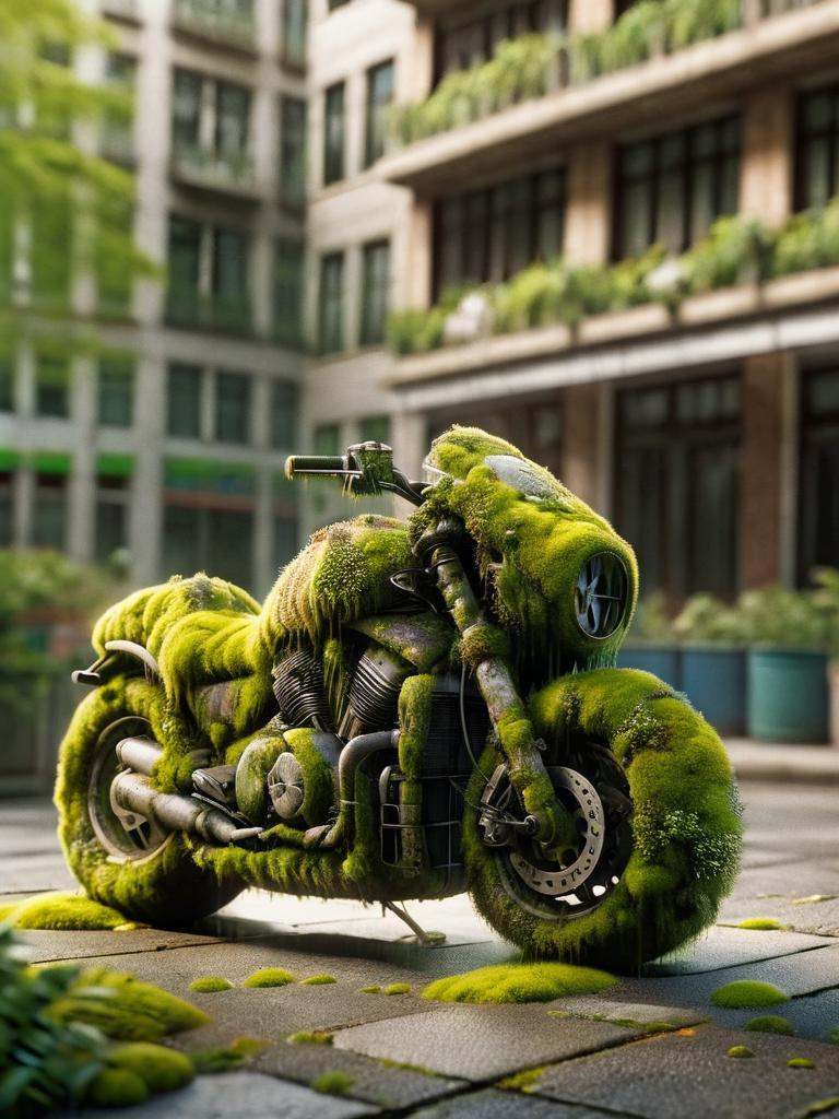 ovrgrwth,  a motorcycle covered in moss sitting on a sidewalk on Tensor.Art