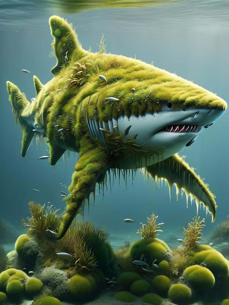 ovrgrwth,  a shark with moss growing on it's back,  sourrounded by little fish on Tensor.Art
