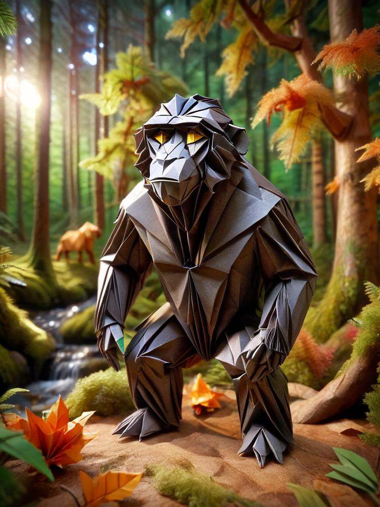 ral-orgmi,  origami paper sculpture of a ape in a forest on Tensor.Art