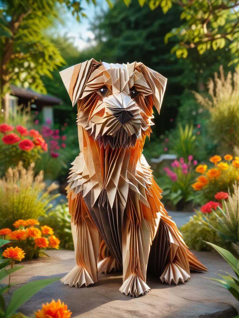 ral-orgmi,  a dog made out of origami paper sitting in a garden on Tensor.Art