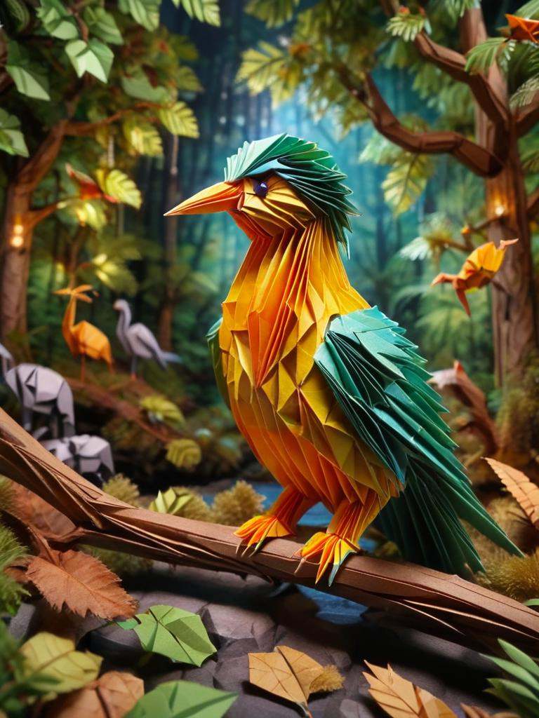 ral-orgmi,  a origami paper bird is sitting on a tree branch on Tensor.Art