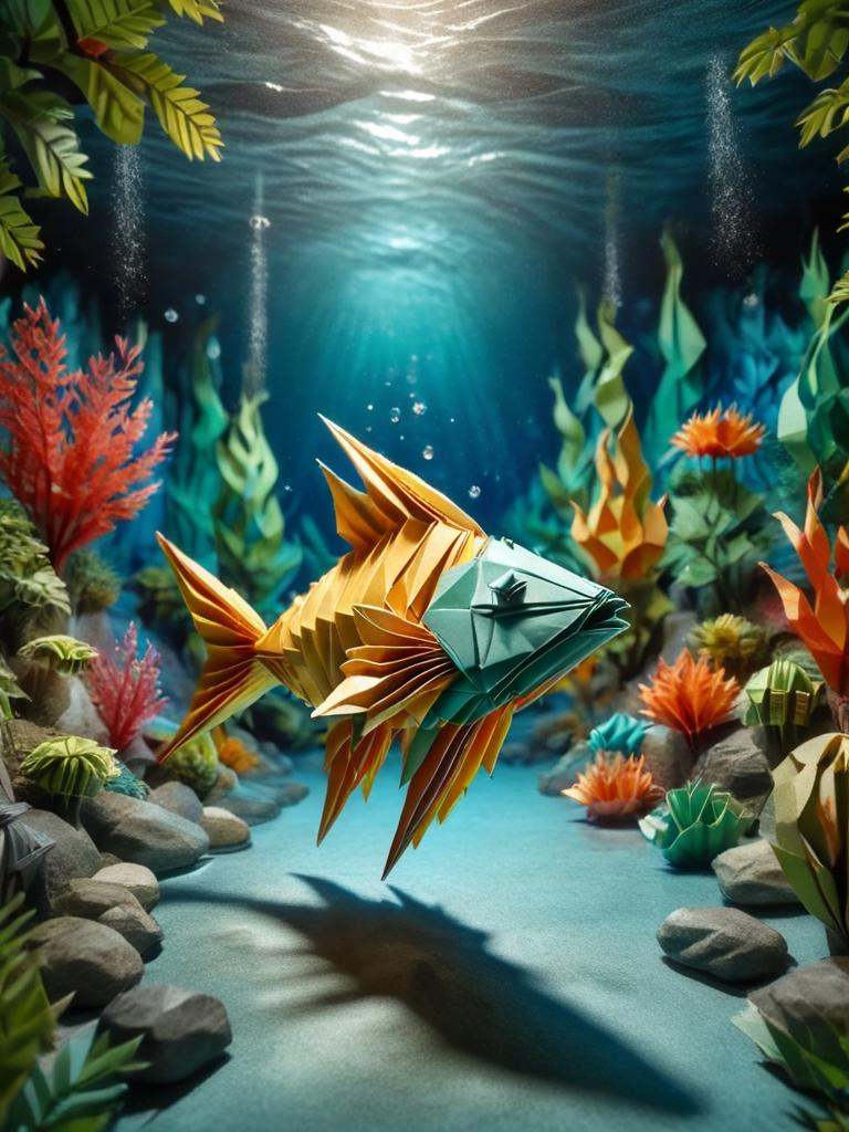 ral-orgmi,  a origami paper fish that is floating in the water on Tensor.Art