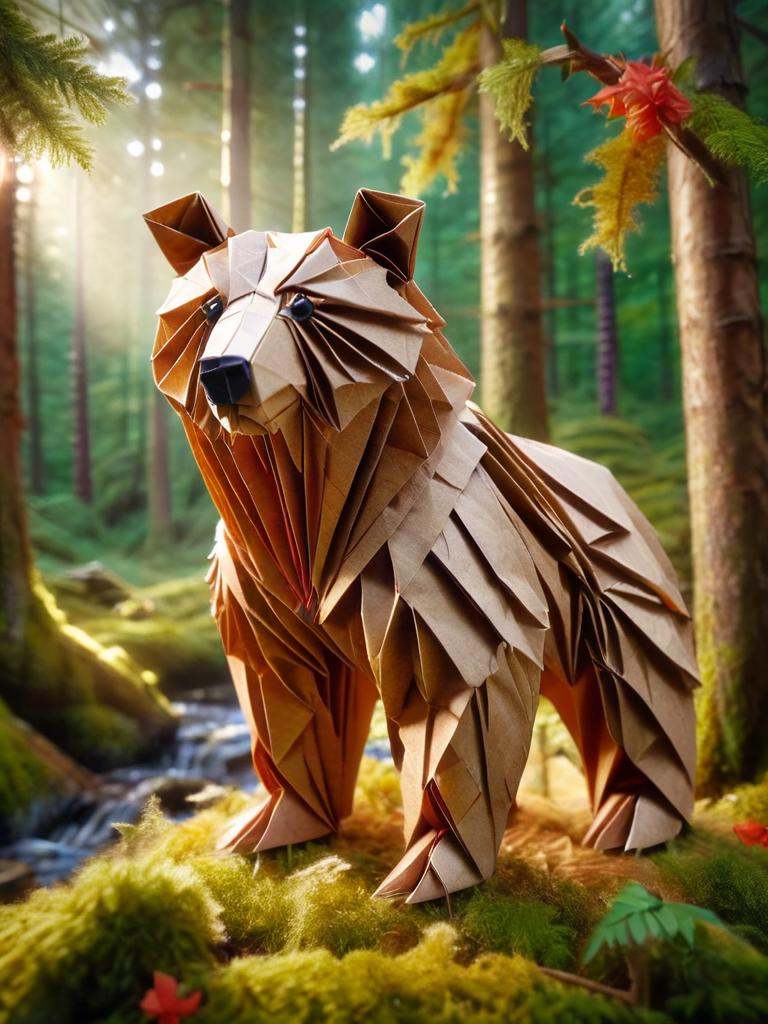 ral-orgmi,  a bear made out of origami paper in a forest on Tensor.Art