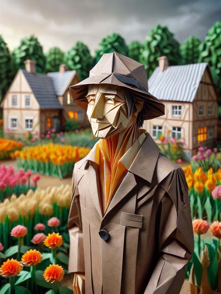 ral-orgmi,  a origami paper man in a hat and coat,  in front of a flower field and a village on Tensor.Art