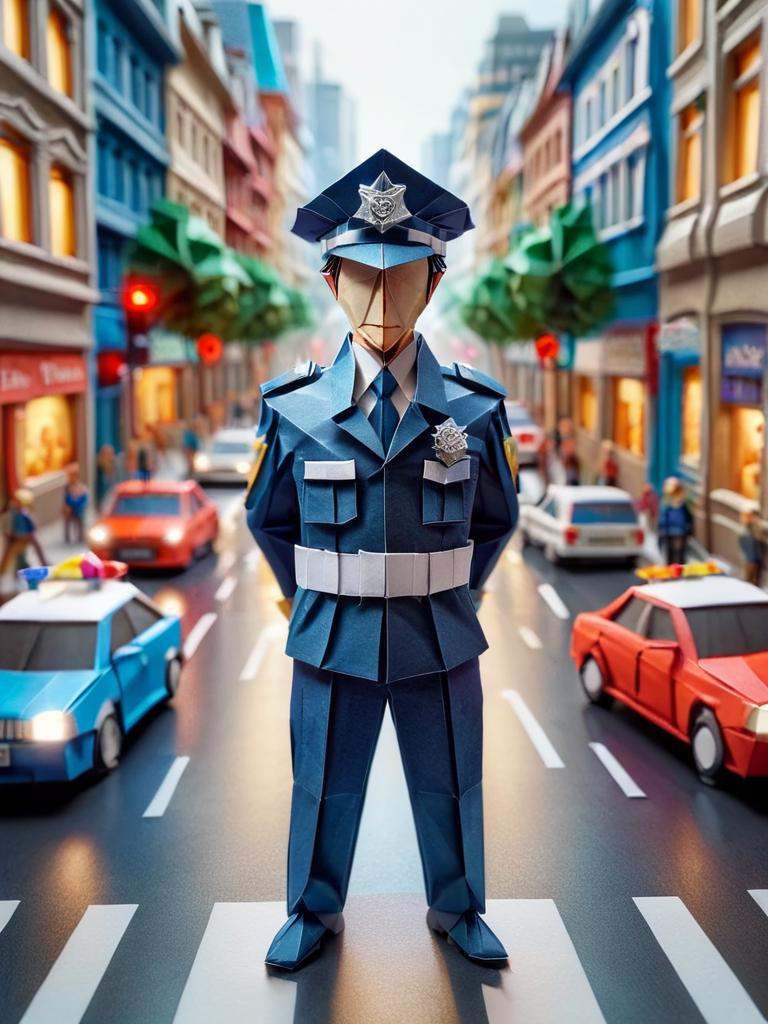 ral-orgmi,  a origami paper policeman in a uniform is standing in the middle of a busy street on Tensor.Art