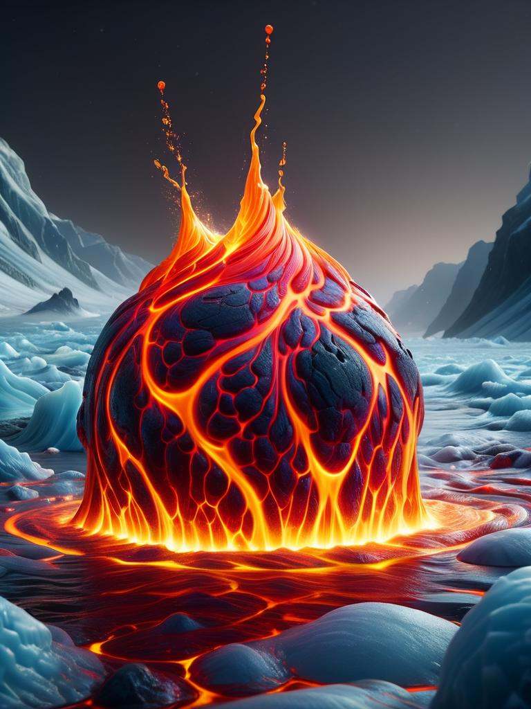 extreme closeup of a small blob of lava splashing onto the surface of a glacier at night,  detailed sparks,  detailed refl...