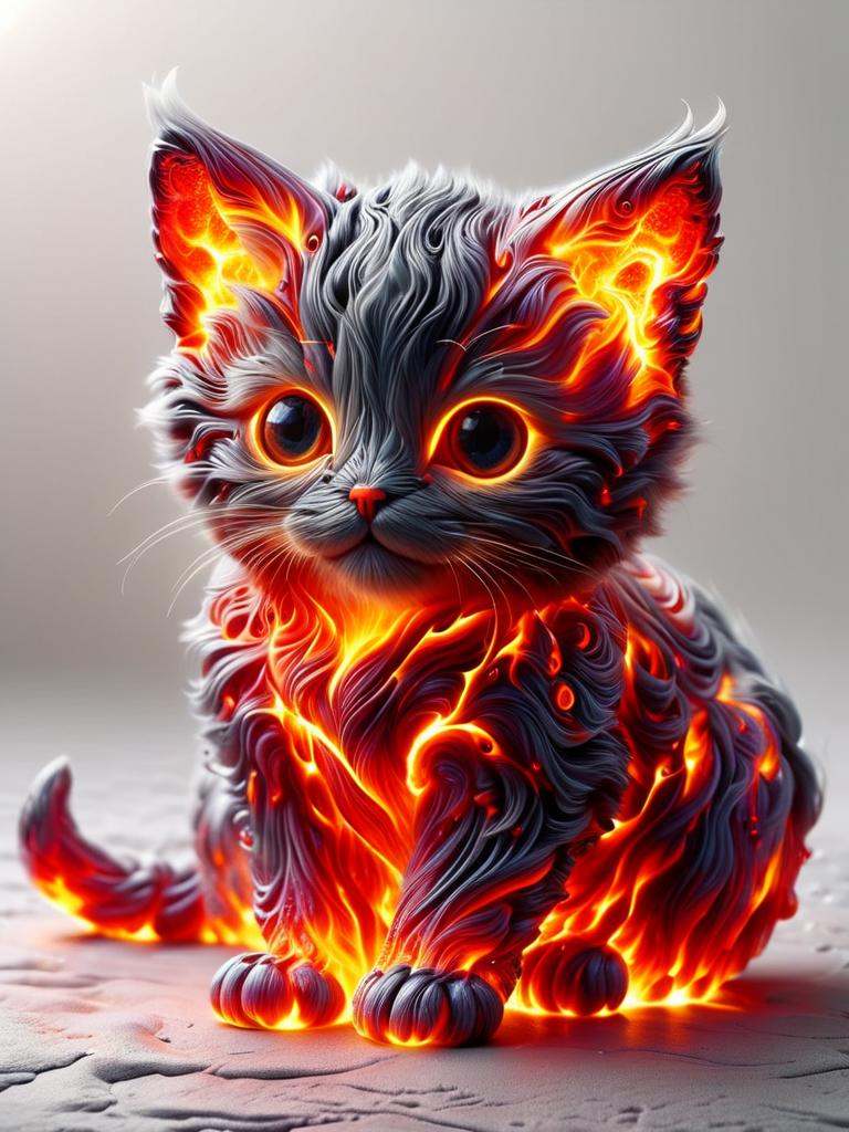 metallic delicate intricate pattern of lava in the shape of a fluffy kitten,  made of fiery burning lava string,  mesh on...