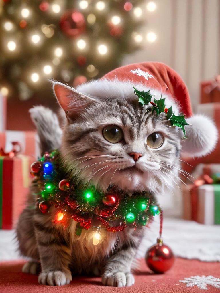 ral-chrcrts,  a cute cat with a christmas hat and a christmas decoration on Tensor.Art