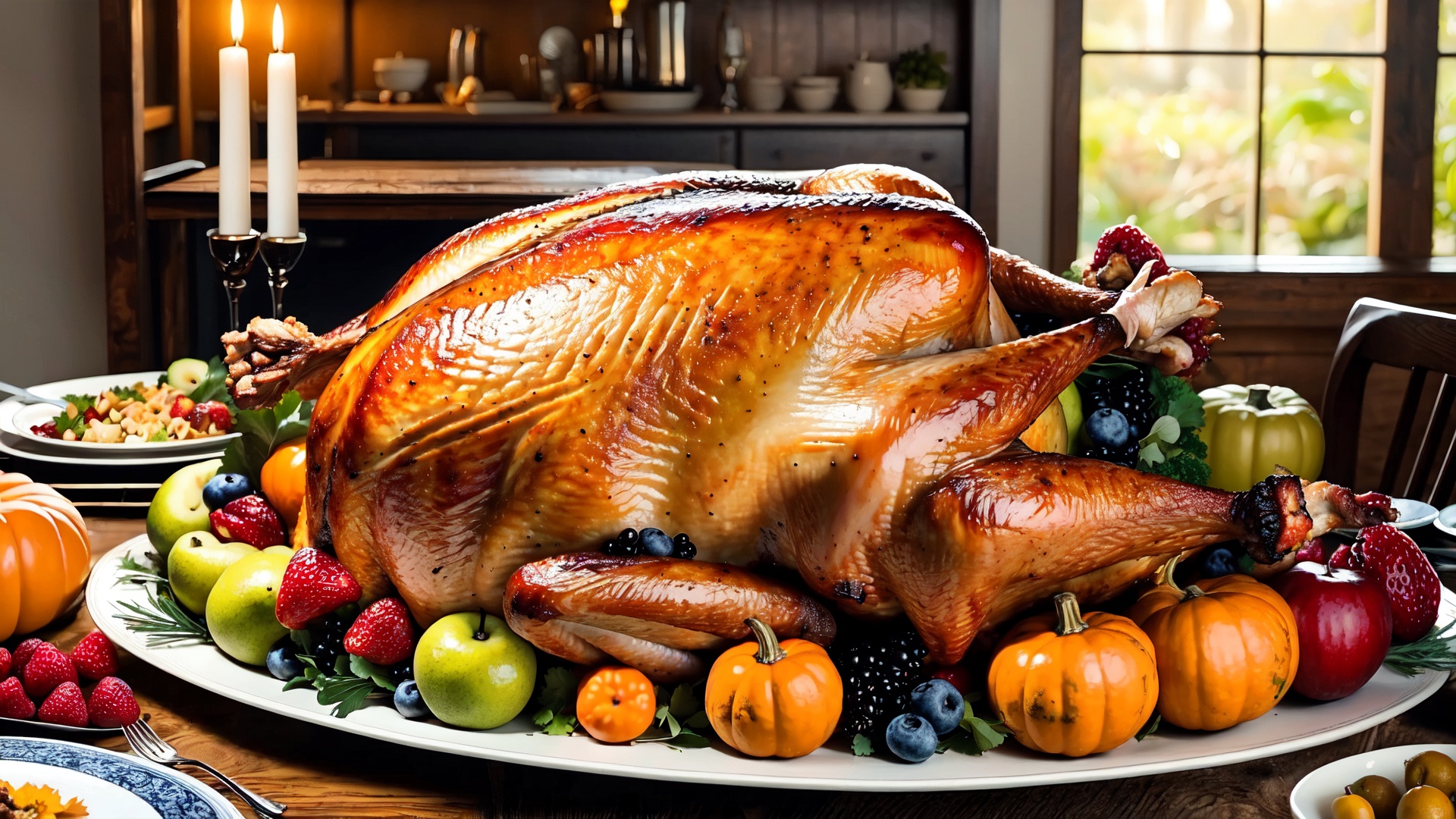 huge Thanksgiving turkey,  surrounded by abundant food and fruit on Tensor.Art