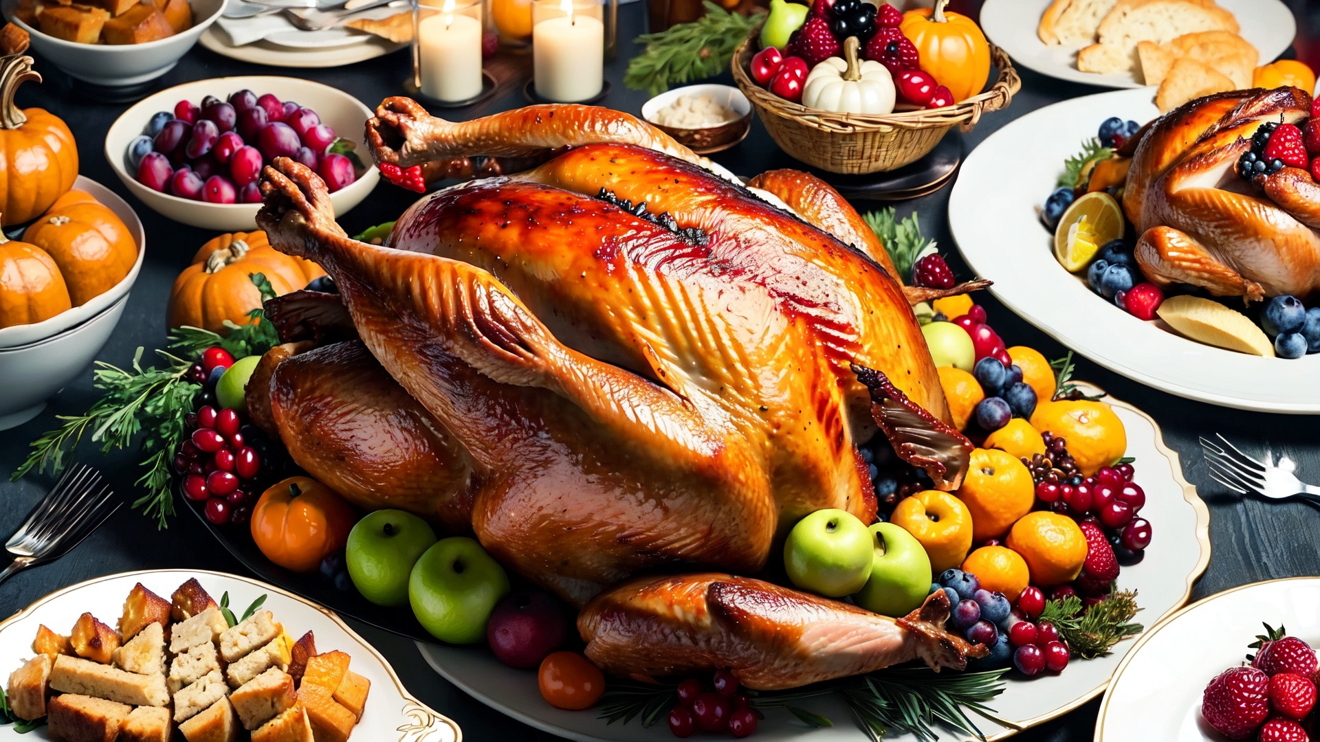 huge Thanksgiving turkey,  surrounded by abundant food and fruit on Tensor.Art
