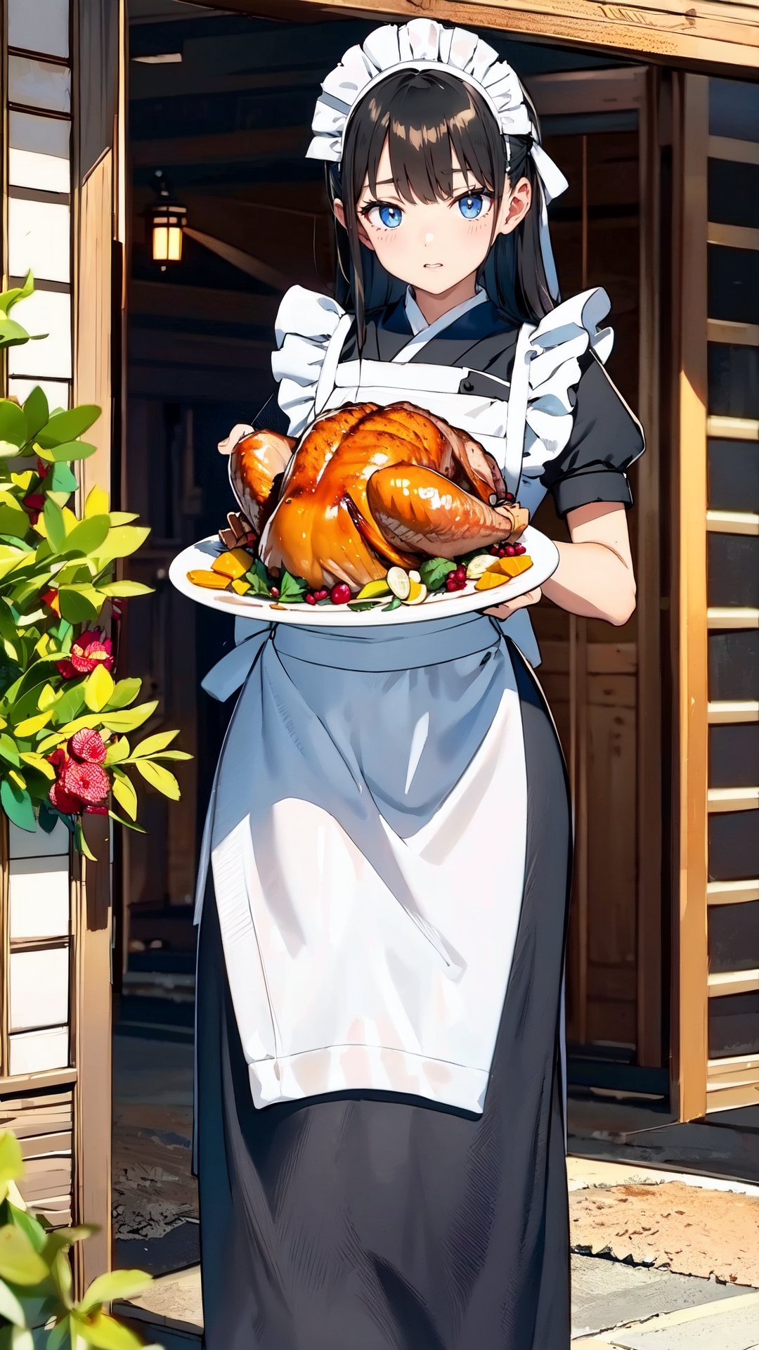 maid carries a plate of Thanksgiving turkey,  Japanese girl on Tensor.Art
