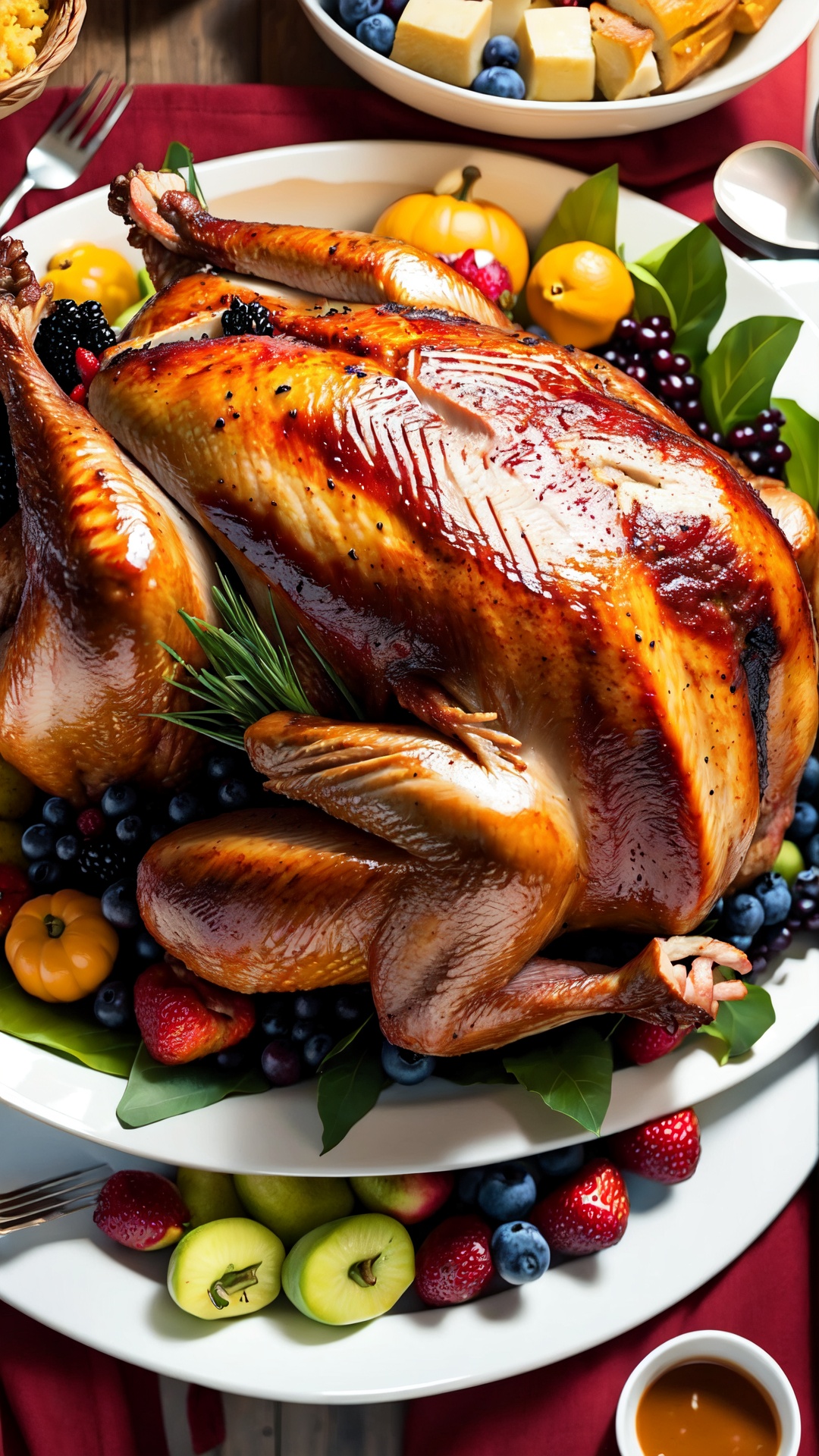 huge Thanksgiving turkey,  surrounded by abundant food and fruit on Tensor.Art