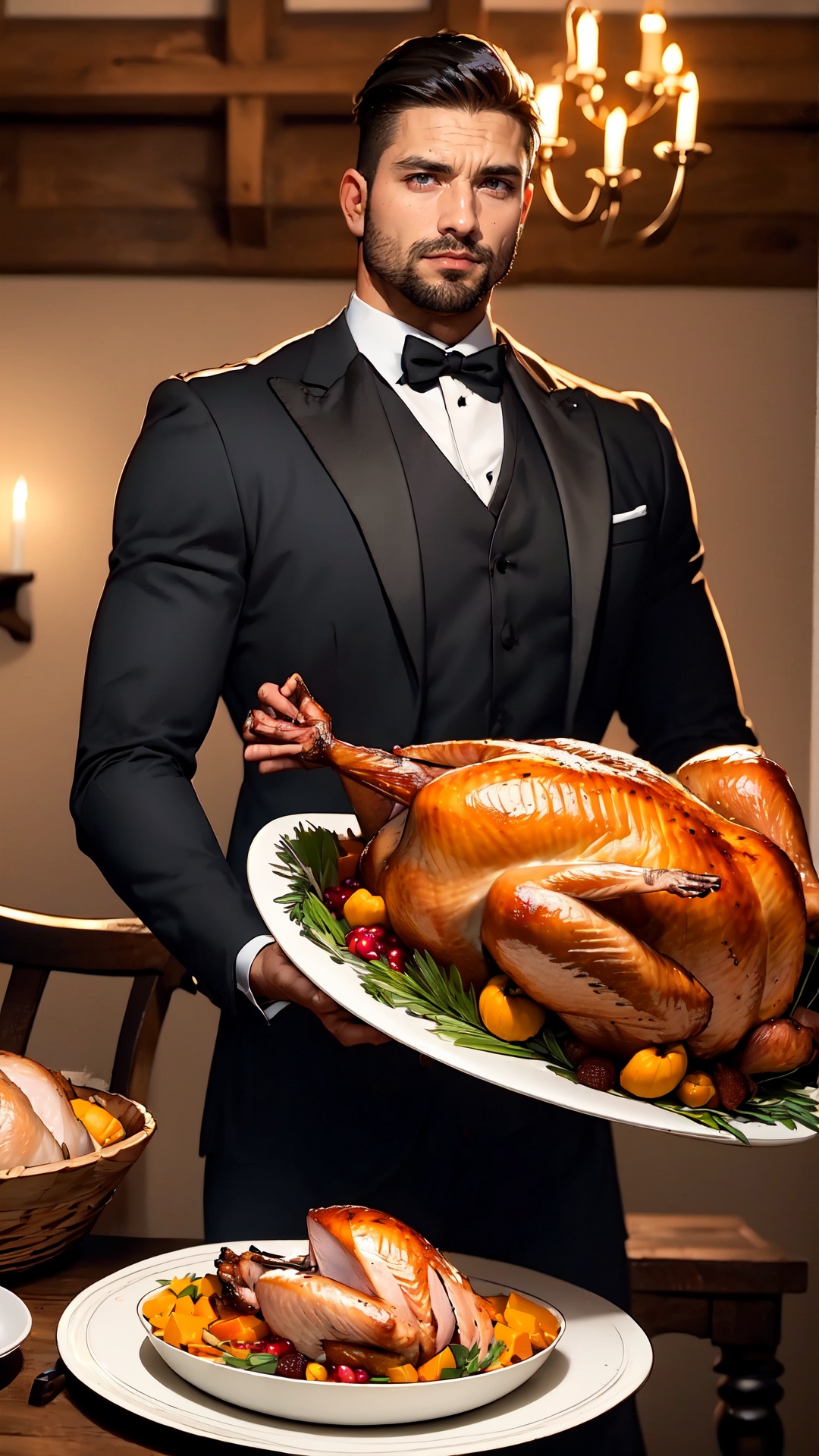 butler carries a plate of Thanksgiving turkey on Tensor.Art