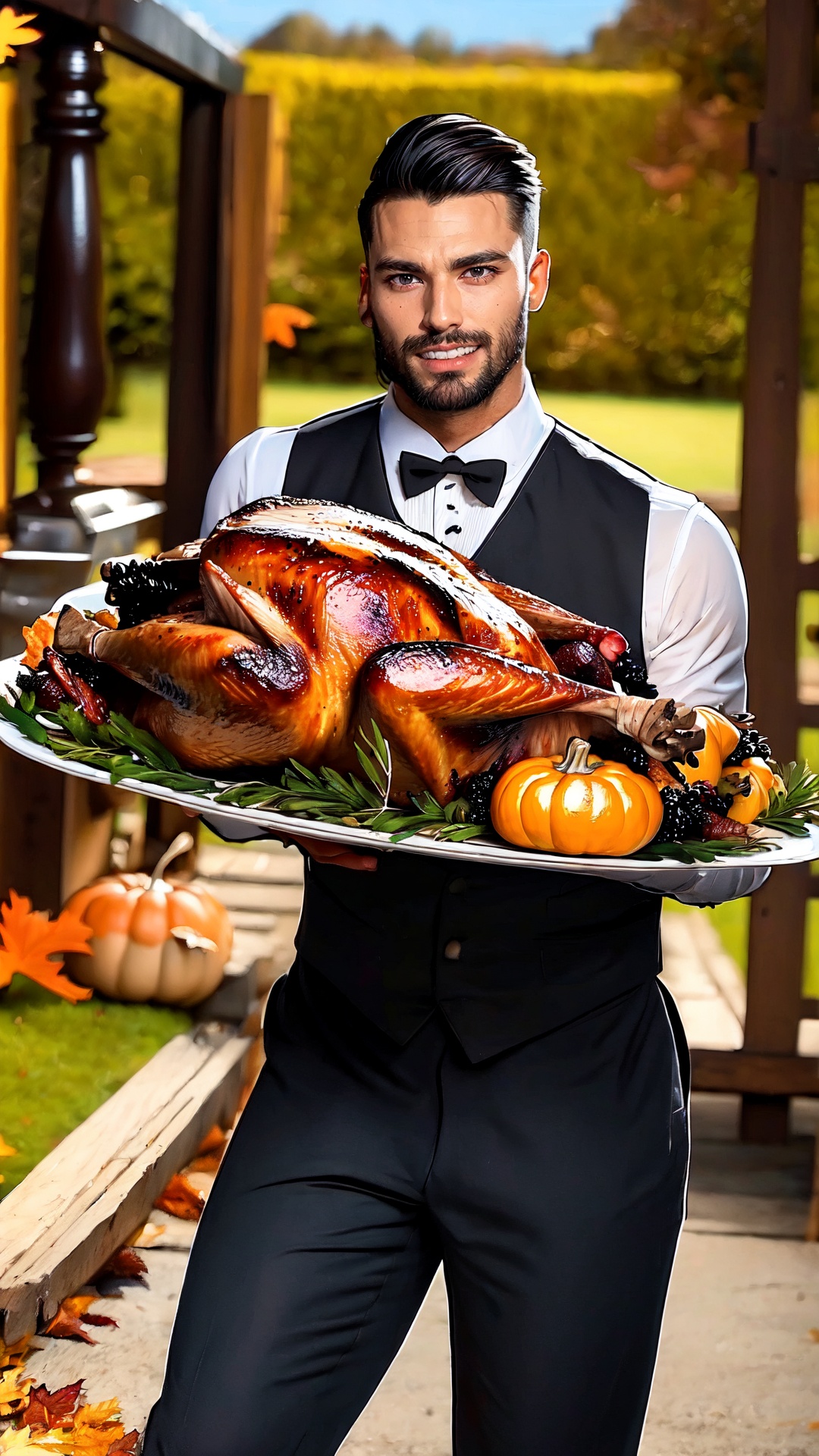 butler carries a plate of Thanksgiving turkey on Tensor.Art