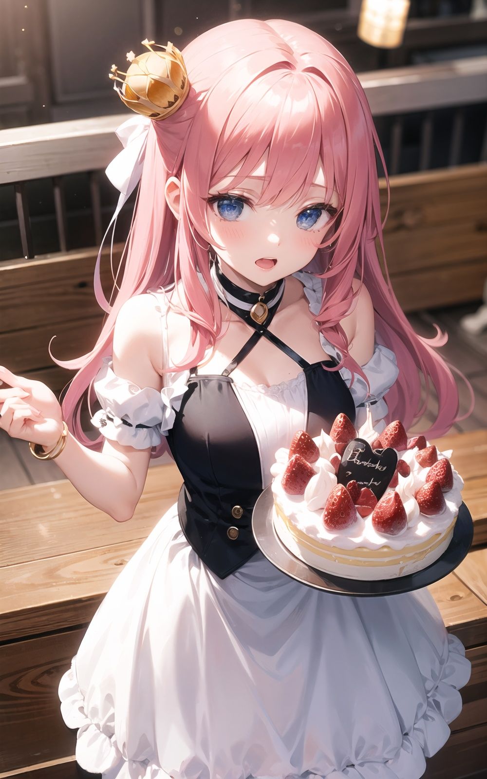 cake, jewelry, 1girl, strawberry, fruit, crown, open_mouth, skirt, food, bouquet, birthday_cake, solo, one_eye_closed