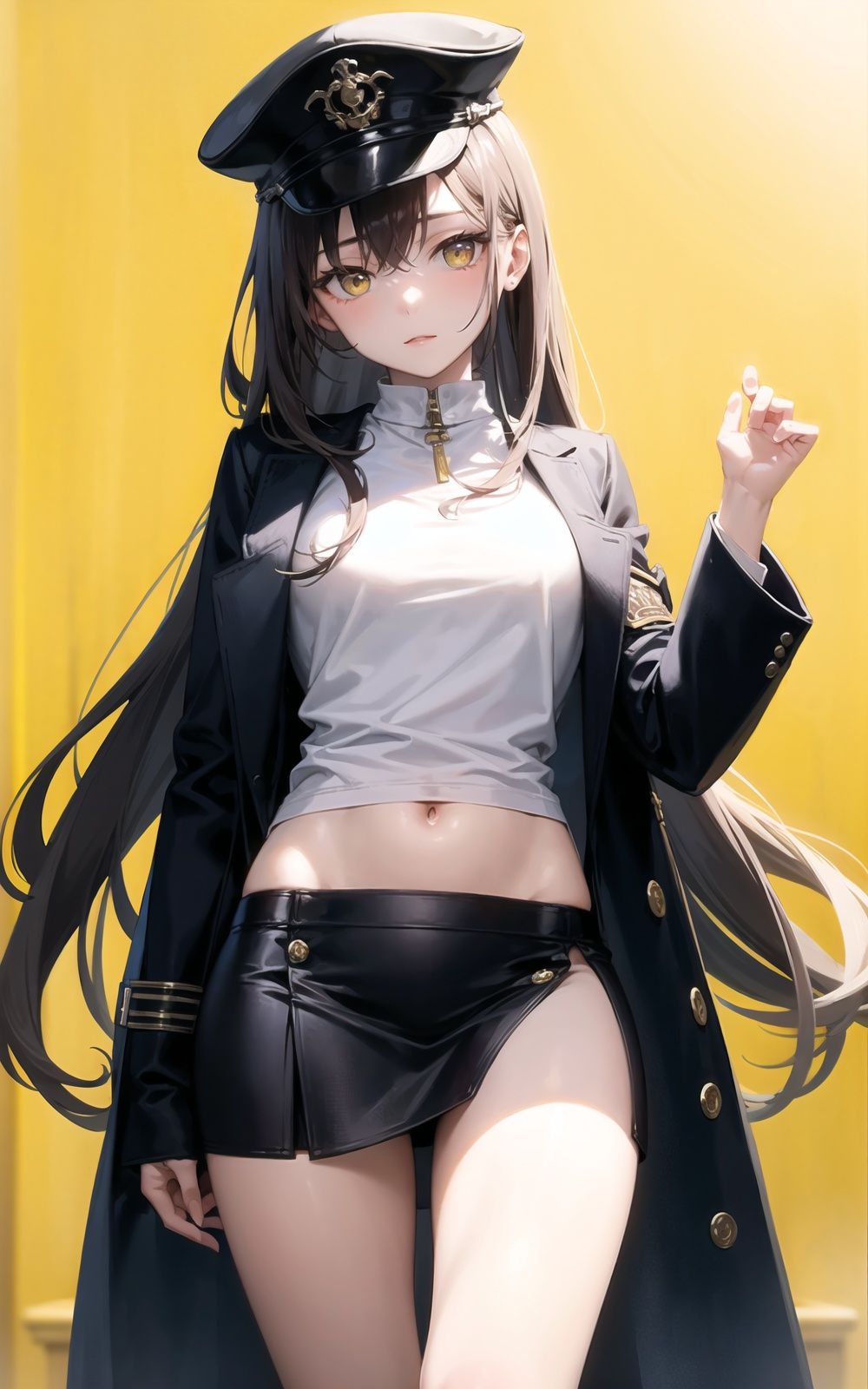 the Extremely Detailed CG Unity 8K Wallpapers,Manteau blanc, physician,1girl in, solo, thighs thighs thighs thighs, Hats, brown haired, length hair,yellow  eyes,hat, long_hair, solo, skirt, looking_at_viewer, navel, jacket, shirt, silver_hair, long_sleeves, bangs, yellow_background, breasts, black_headwear, very_long_hair, open_clothes, black hair