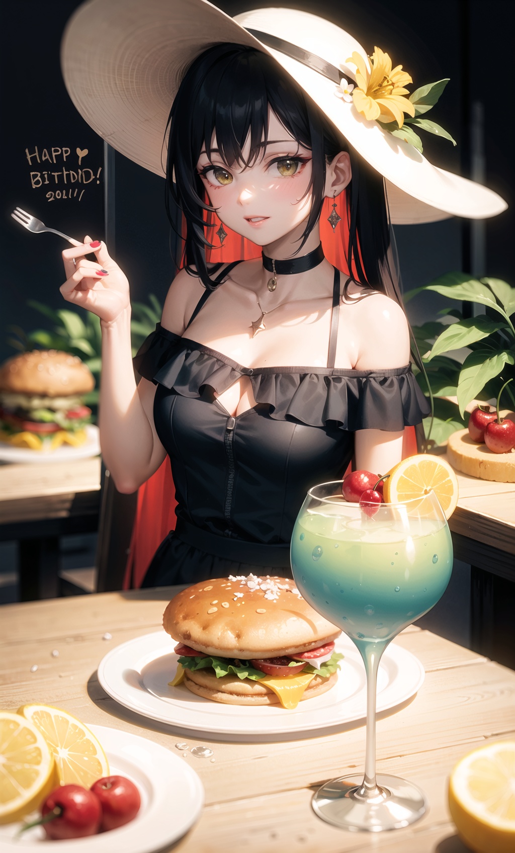 nail_polish, food, hat, orange_\(fruit\), fruit, orange_slice, plate, 1girl, blue_nails, lemon_slice, flower, green_nails, red_nails, lemon, red_flower, aqua_nails, cup, fork, hibiscus, drinking_glass, long_hair, pancake, orange_nails, multicolored_nails, solo, table, drink, yellow_nails, jewelry, tropical_drink, earrings, strawberry, off_shoulder, cake, black_nails, cocktail_glass, cocktail, nail_art, ice_cube, cherry, drinking_straw, fingernails, happy_birthday, tray, hat_flower, dessert, bare_shoulders, looking_at_viewer, english_text, burger, tomato,