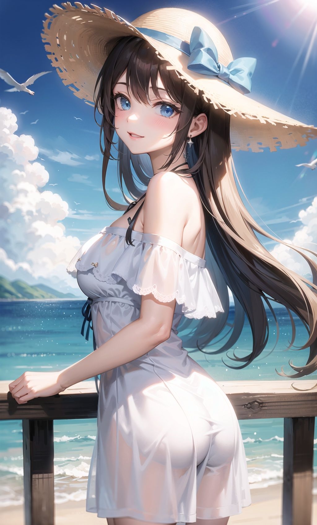 1girl, cloud, cloudy_sky, sky, blue_sky, dress, palm_tree, day, hat, solo, railing, condensation_trail, long_hair, horizon, ocean, outdoors, white_dress, bird, tree, blue_eyes, smile, earrings, jewelry, off_shoulder, seagull, bare_shoulders, see-through, brown_hair, breasts, blue_ribbon, sun_hat, looking_at_viewer, bangs