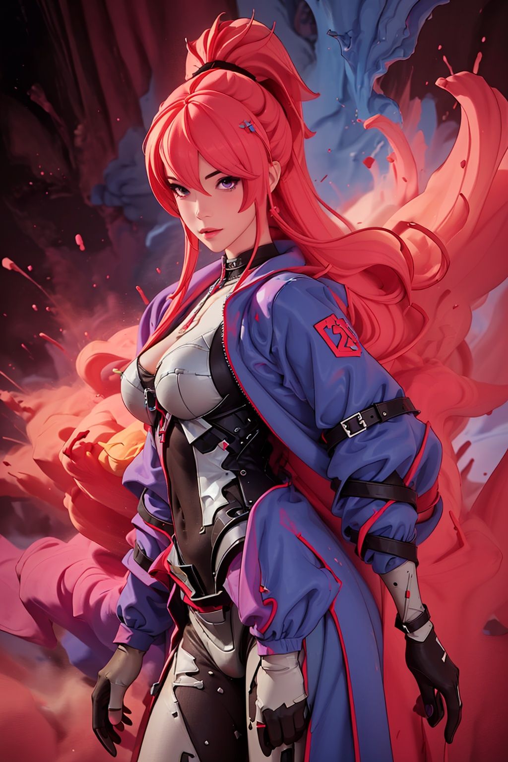  1girl, solo, breasts, purple eyes, long hair, jacket, looking at viewer, gloves, red hair, black gloves, blue jacket, ponytail, bangs, single glove, bodysuit, closed mouth, hair between eyes, open clothes, belt, standing, cowboy shot,fulijiaXF,
(masterpiece:1.2), best quality, masterpiece, highres, original,ultra-detailed, illustration,extremely detailed wallpaper, perfect lighting,(extremely detailed CG:1.2), drawing, paintbrush,
