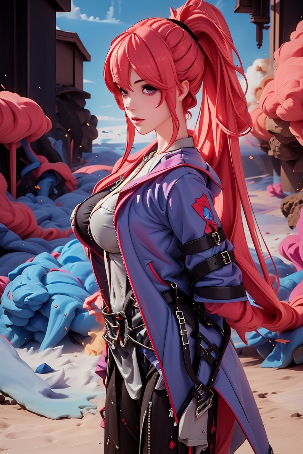 1girl, solo, breasts, purple eyes, long hair, jacket, looking at viewer, gloves, red hair, black gloves, blue jacket, ponytail, bangs, single glove, bodysuit, closed mouth, hair between eyes, open clothes, belt, standing, cowboy shot,fulijiaXF,
(masterpiece:1.2), best quality, masterpiece, highres, original,ultra-detailed, illustration,extremely detailed wallpaper, perfect lighting,(extremely detailed CG:1.2), drawing, paintbrush,
