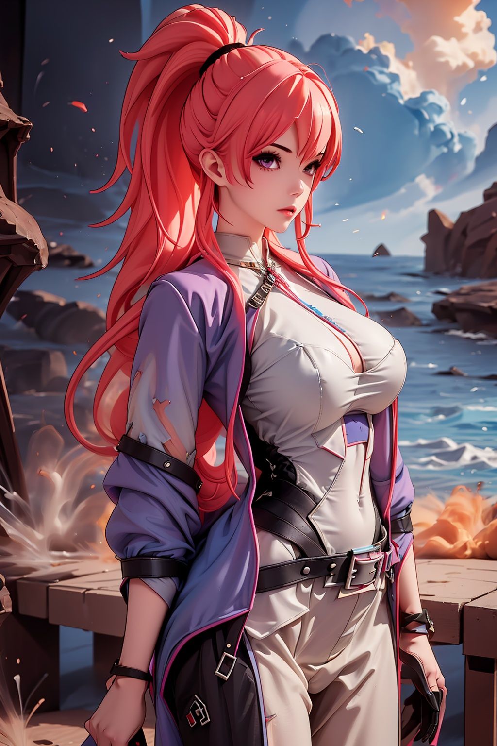 1girl, solo, breasts, purple eyes, long hair, jacket, looking at viewer, gloves, red hair, black gloves, blue jacket, ponytail, bangs, single glove, bodysuit, closed mouth, hair between eyes, open clothes, belt, standing, cowboy shot,fulijiaXF,
(masterpiece:1.2), best quality, masterpiece, highres, original,ultra-detailed, illustration,extremely detailed wallpaper, perfect lighting,(extremely detailed CG:1.2), drawing, paintbrush,
