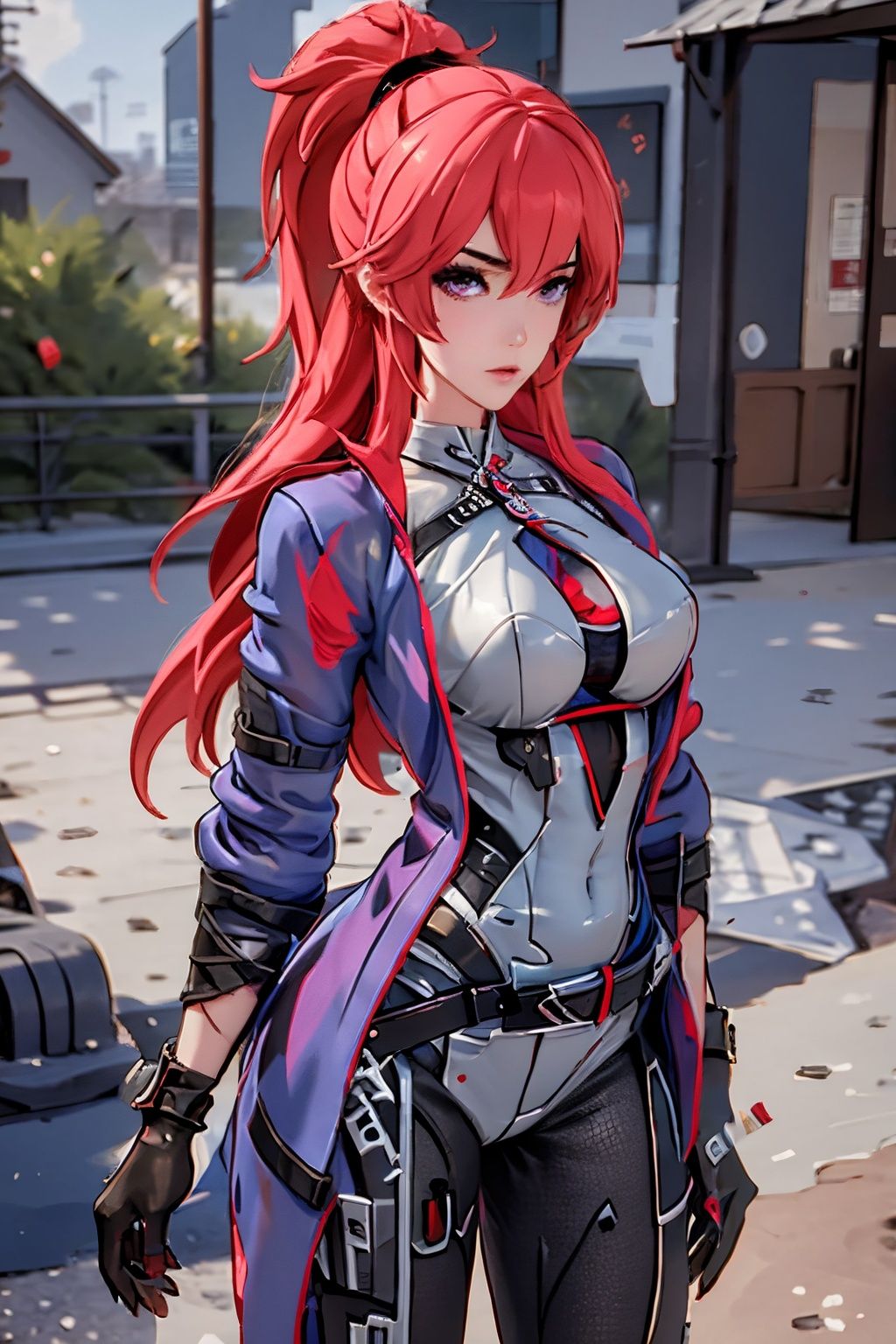 1girl, solo, breasts, purple eyes, long hair, jacket, looking at viewer, gloves, red hair, black gloves, blue jacket, ponytail, bangs, single glove, bodysuit, closed mouth, hair between eyes, open clothes, belt, standing, cowboy shot,fulijiaXF,
(masterpiece:1.2), best quality, masterpiece, highres, original,ultra-detailed, illustration,extremely detailed wallpaper, perfect lighting,(extremely detailed CG:1.2), drawing, paintbrush,
