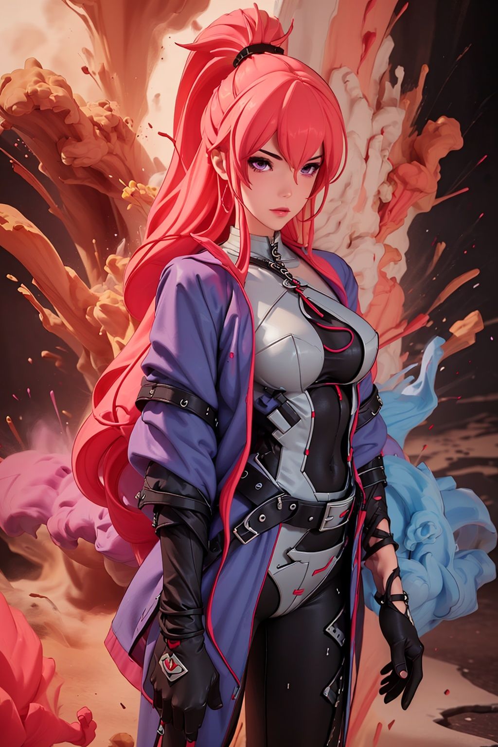  1girl, solo, breasts, purple eyes, long hair, jacket, looking at viewer, gloves, red hair, black gloves, blue jacket, ponytail, bangs, single glove, bodysuit, closed mouth, hair between eyes, open clothes, belt, standing, cowboy shot,fulijiaXF,
(masterpiece:1.2), best quality, masterpiece, highres, original,ultra-detailed, illustration,extremely detailed wallpaper, perfect lighting,(extremely detailed CG:1.2), drawing, paintbrush,
