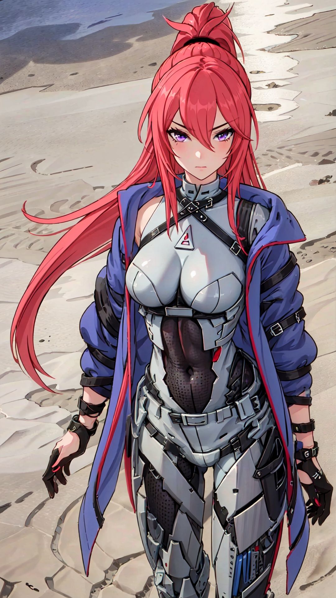 1girl, solo, breasts, purple eyes, long hair, jacket, looking at viewer, gloves, red hair, black gloves, blue jacket, ponytail, bangs, single glove, bodysuit, closed mouth, hair between eyes, open clothes, belt, standing, cowboy shot,fulijiaXF,
(masterpiece:1.2), best quality, masterpiece, highres, original,ultra-detailed, illustration,extremely detailed wallpaper, perfect lighting,(extremely detailed CG:1.2), drawing, paintbrush,
