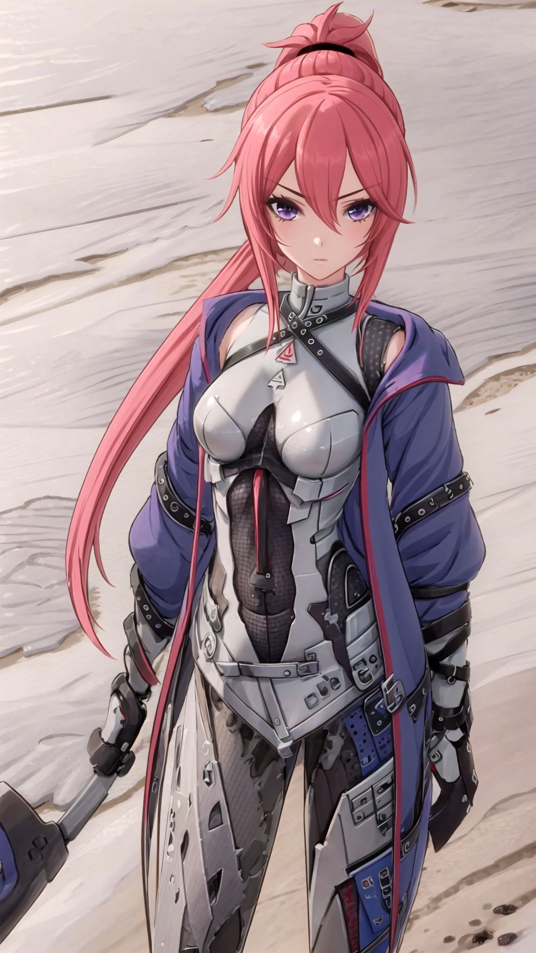 1girl, solo, breasts, purple eyes, long hair, jacket, looking at viewer, gloves, red hair, black gloves, blue jacket, ponytail, bangs, single glove, bodysuit, closed mouth, hair between eyes, open clothes, belt, standing, cowboy shot,fulijiaXF,
(masterpiece:1.2), best quality, masterpiece, highres, original,ultra-detailed, illustration,extremely detailed wallpaper, perfect lighting,(extremely detailed CG:1.2), drawing, paintbrush,
,fulijiaXF