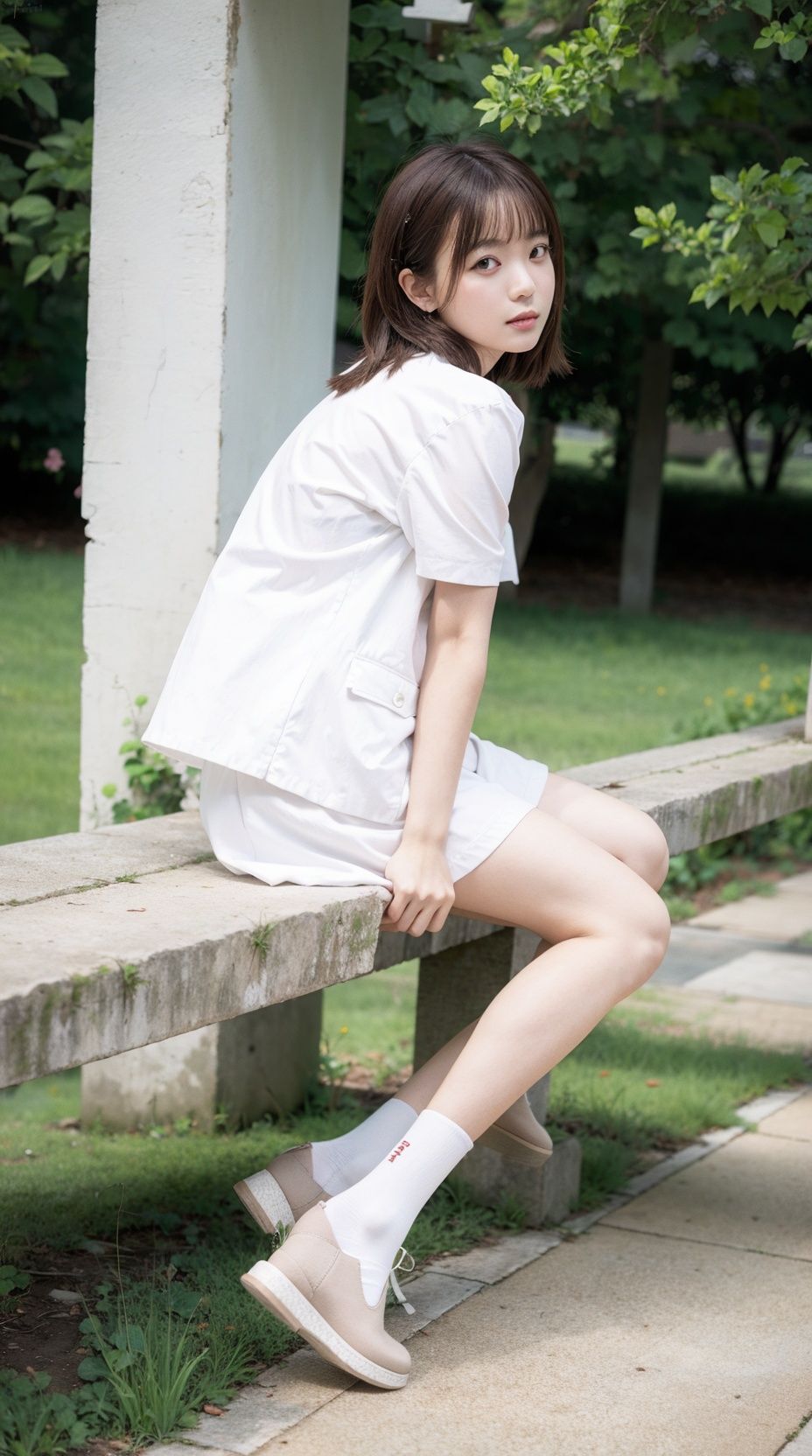 Best quality,masterpiece,ultra high res,raw photo,depth of Field,realistic,aki,1girl,aki's face,sitting,biack footwear ,white legwear,full body,good face,2arms,2hands,2legs,arm,hand,leg,2feet,feet,foot,soles,toes,good anatomy,good proportions,crotch,shapely body,perfect legs,beautiful legs,from side