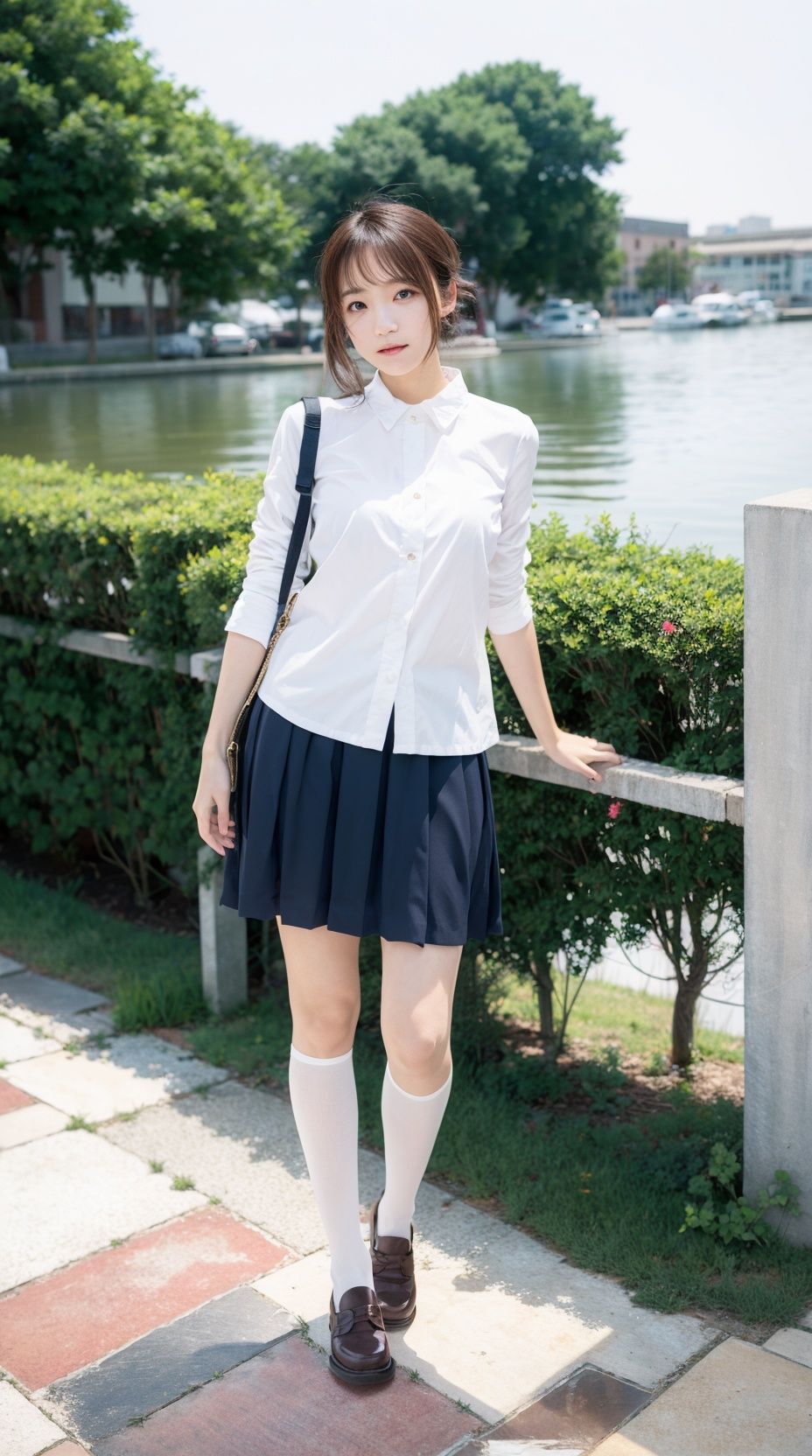 Best quality,masterpiece,ultra high res,raw photo,depth of Field,realistic,aki,1girl,aki's face,standing,biack footwear ,white legwear,full body,good face,