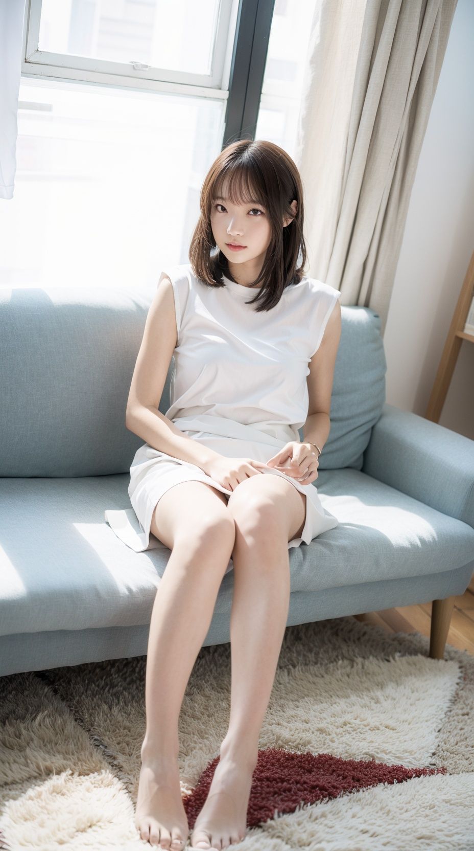 Best quality,masterpiece,ultra high res,raw photo,depth of Field,realistic,aki,1girl,aki's face,sitting,biack footwear ,white legwear,full body,good face,2arms,2hands,2legs,arm,hand,leg,2feet,feet,foot,soles,toes,good anatomy,good proportions,crotch,shapely body,perfect legs,beautiful legs,indoors