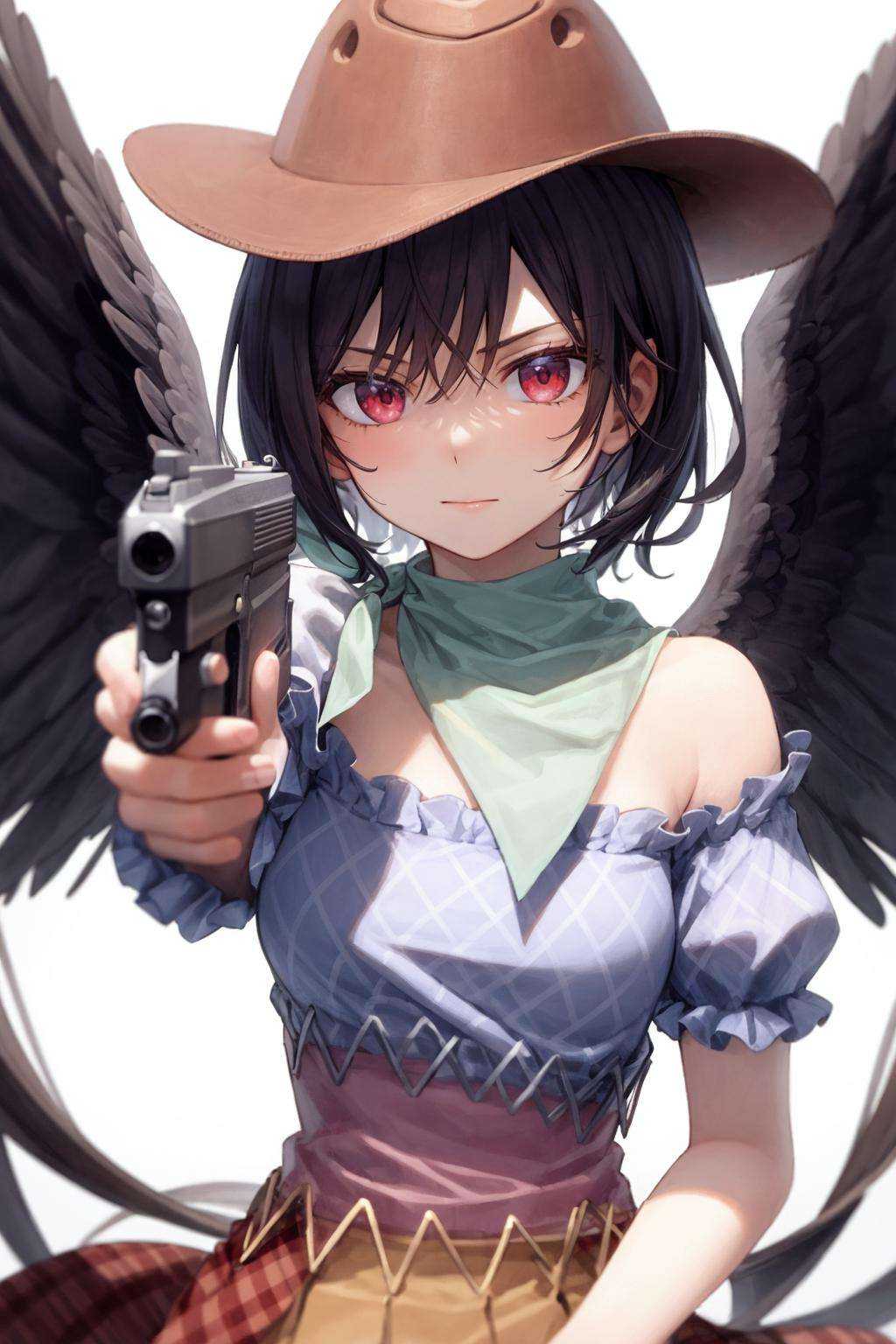 masterpiece, best quality , <lora:KurokomaSaki:1>,1girl, cowboy hat, kurokoma saki, solo, gun, wings, weapon, black hair, red eyes, black wings, hat, breasts, bandana, off-shoulder shirt, off shoulder, shirt, white background, looking at viewer, brown headwear,  blue shirt, bangs, upper body, feathered wings, holding gun, aiming at viewer, handgun, simple background, bare shoulders, holding, holding weapon, revolver, short sleeves, plaid, medium breasts, puffy sleeves