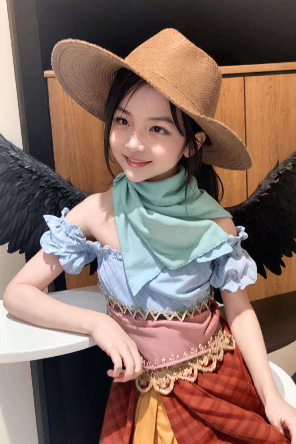 masterpiece, best quality ,(30yo,mature female:1.2),large breasts, light smile, <lora:KurokomaSaki:1>,kurokoma saki, 1girl,cowboy hat,black hair,long hair,ponytail,red eyes,bandana, white scarf,multicolored clothes,bare shoulder,short sleeves,blue shirt,(wings:1.2),multicolored dress, brown skirt,plaid skirt,overskirt,horse tail,