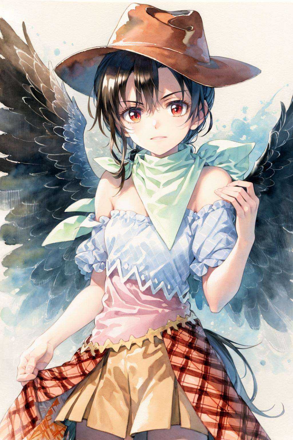 masterpiece, best quality,  <lora:style19:1>,watercolor \(medium\), traditional media,  <lora:KurokomaSaki:1>,kurokoma saki, 1girl,cowboy hat,black hair,long hair,ponytail,red eyes,bandana, white scarf,multicolored clothes,bare shoulder,short sleeves,blue shirt,wings,multicolored dress, brown skirt,plaid skirt,overskirt,horse tail,
